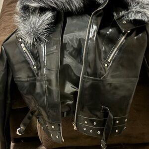 Women's Black Bomber Jacket with Faux Fur Collar
